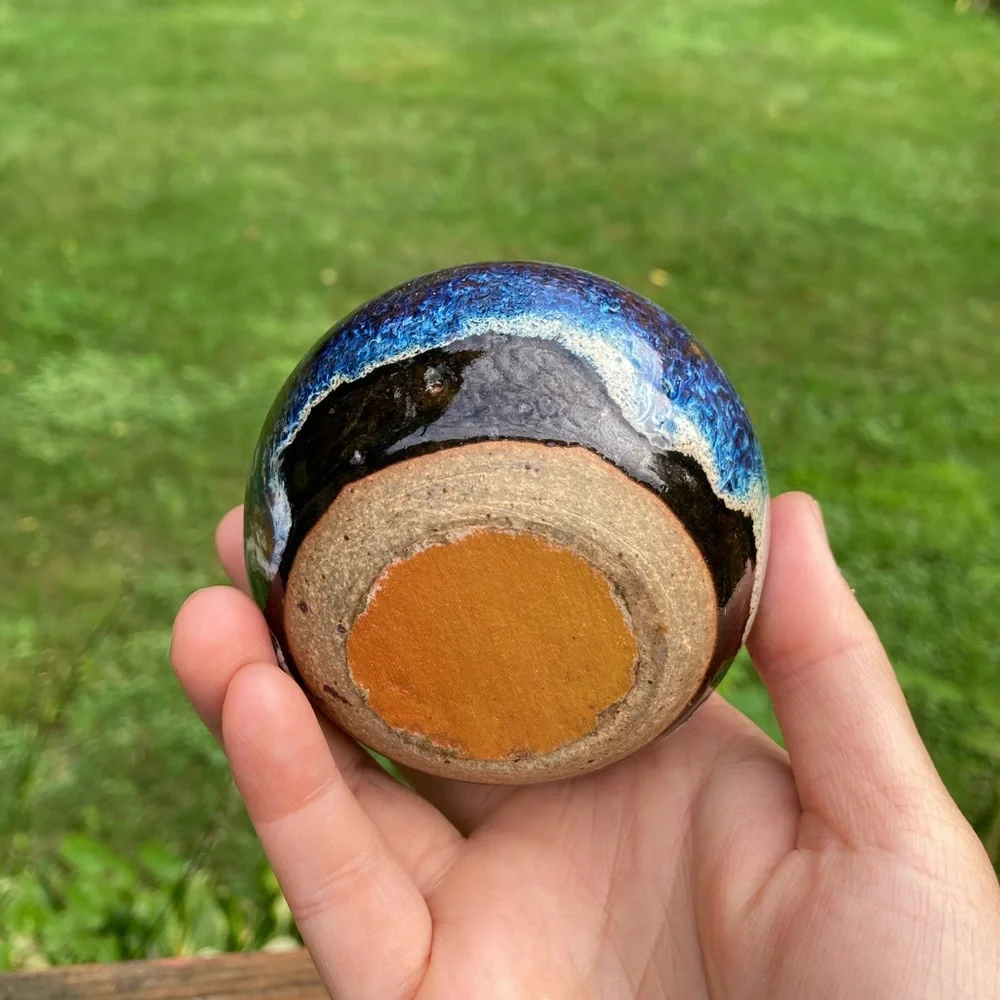 Vintage Brown and Blue Glazed Round Bud Vase - Picture 11 of 13